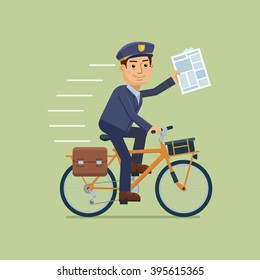 Illustration Of A Postman Riding Bike And Delivering Newspapers. Cheerful Carrier With Newspaper. Mail Delivery Service. Flat Style Vector Illustration