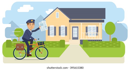 Illustration Of A Postman Riding Bike And Delivering Newspapers. Cheerful Carrier With Newspaper. Mail Delivery Service. Flat Style Vector Illustration