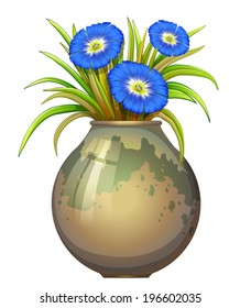 Illustration of a pot with blue flowers on a white background