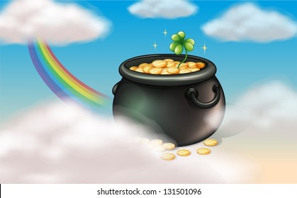 Illustration of a pot of coins with a clover plant