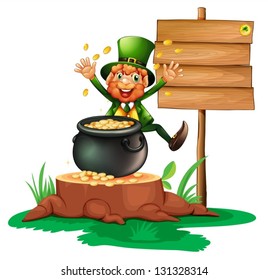Illustration of a pot of coins and a man near the empty board on a white background