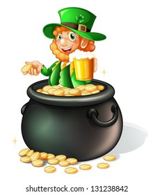 Illustration of a pot with coins and an old man with a mug of beer on a white background