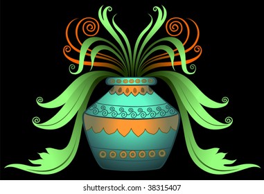 Illustration of pot decorated with floral design	