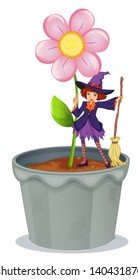 Illustration of a pot with a flower and a witch at the top on a white background
