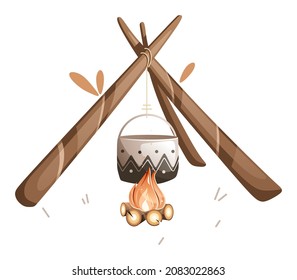 Illustration of a pot of food that is cooked over a campfire.