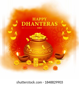 Illustration pot full of gold coins, oil lamps and decorative elements for celebration of Indian religious festival Happy Dhanteras, Diwali.