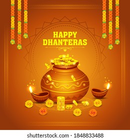 Illustration pot full of gold coins, oil lamps and decorative elements for celebration of Indian religious festival Happy Dhanteras, Diwali.