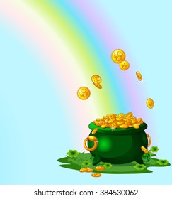 Illustration of pot full of golden coins at the End of the Rainbow