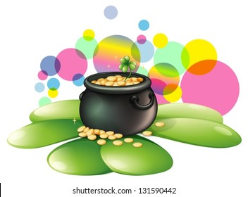 Illustration of a pot of gold above the big clover leaves on a white background