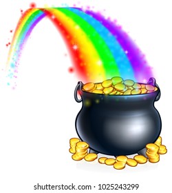 An illustration of a pot of gold coins at the end of a rainbow