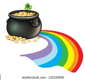 Illustration of a pot of gold coins with a green plant on a white background