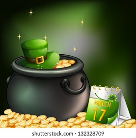 Illustration of a pot of gold coins with a hat and a calendar