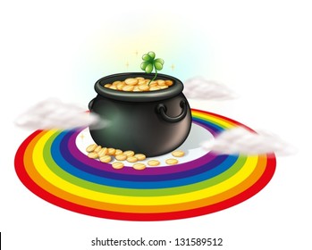 Illustration of a pot of gold inside the rainbow on a white background