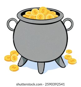 Illustration of Pot of Gold Isolated on White Background. Gold Coins in a Cauldron, Treasure Pot Illustration