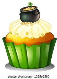 Illustration of a pot of gold at the top of a cupcake on a white background