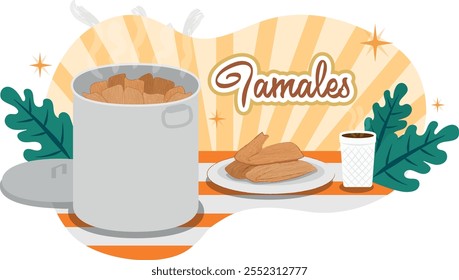 Pote de ilustração de tamales e isopor de vidro com café quente. Barracão de rua do México