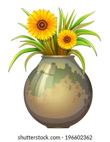 Illustration of a pot with yellow flowers on a white background