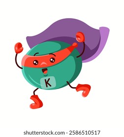 Illustration of a potassium superhero character with a green body, red mask, and purple cape, emphasizing its role in body function and muscle health.