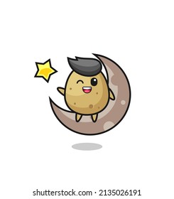 illustration of potato cartoon sitting on the half moon , cute style design for t shirt, sticker, logo element