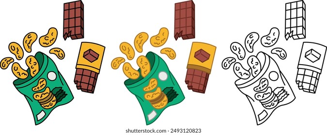 illustration of a potato chip icon and delicious chocolate vector art 