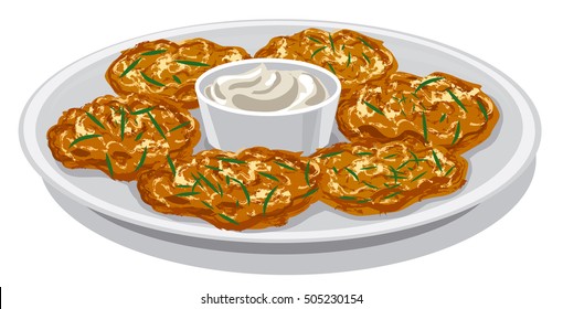 illustration of potato pancakes with sour cream sauce