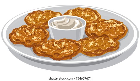 illustration of potato pancakes with sour sauce on plate