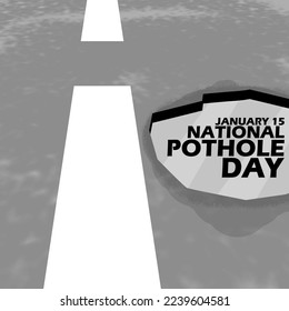 Illustration der mit Pfützen und gewagtem Text gefüllten Asphaltstraße zum Gedenken an den Potholtag am 15. Januar