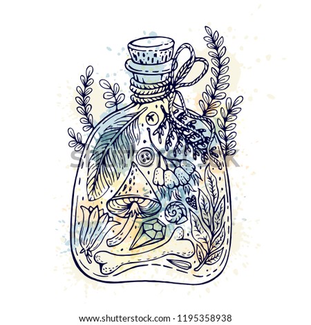 Illustration with potion bottle. Can be used for cards, template, print and etc.