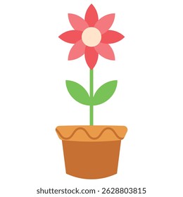 Illustration of a potted flower with red petals and green leaves.