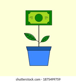 Illustration of potted money with green leafs vector design on white isolated