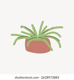 Illustration of a potted plant with green leaves in a red pot on a white background. Simple, minimalist design of a plant in a pot, perfect for decor themes. Cute doodle vector.