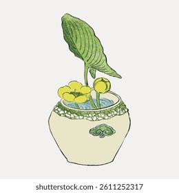 Illustration of a potted plant with large green leaves and yellow flowers. The plant is in a decorative pot. The potted plant is simple and elegant. Vintage dog illustration vector.