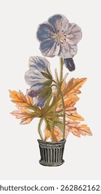 Illustration of a potted plant with large purple flowers and orange leaves. The plant is in a decorative pot. Botanical art with vibrant colors and intricate details. Vintage art illustration vector.