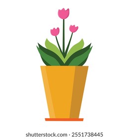 Ilustración de una planta en maceta con flores rosadas en una maceta amarilla con una base naranja. Las hojas verdes rodean las flores de tallo largo, perfectas para temas decorativos y botánicos.