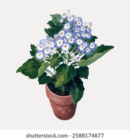 Illustration of a potted plant with vibrant green leaves and clusters of small, delicate white and purple flowers. The plant is in a terracotta pot. Vintage botanical illustration vector.