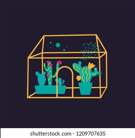 Illustration of potted plants in the greenhouse, the cacti in Floriana. For packaging paper design, Wallpaper, clothes, packaging. Vector illustration