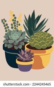 illustration of potted plants succulents flat color vector style background poster art print, wall decoration, poster design template