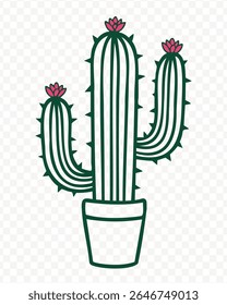 Illustration of a potted saguaro cactus with flowers. This vector image features a transparent background