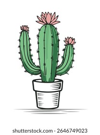Illustration of a potted saguaro cactus with flowers. This vector image features a transparent background. Use this illustration for desert themed designs
