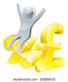 Illustration of pound sign and percentage sign with happy person sitting on it, found the best interest rate, a sale or similar