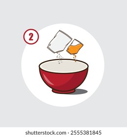 Illustration of pour spices and oil into a bowl , step how to cooking instant noodle