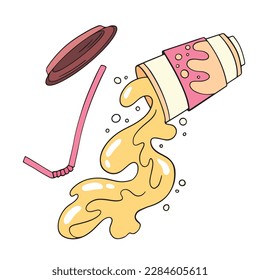 Illustration of pouring soda from a glass with a lid and a straw in a flat style