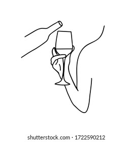 The illustration of pouring a wine from bottle to glass. Made in single line style. Perfect decoration for kitchen, living or dinnig rooms. 