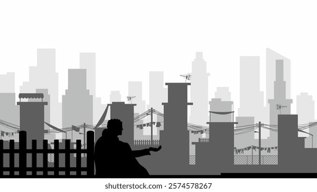 Illustration of poverty issue with a beggar in the street of slum. Vector illustration of social issue with slum building and homeless. Skyline cityscape contrast with slum building of poor people