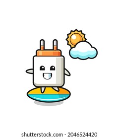 Illustration of power adapter cartoon do surfing on the beach , cute design