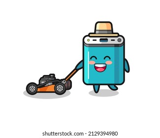 illustration of the power bank character using lawn mower , cute style design for t shirt, sticker, logo element