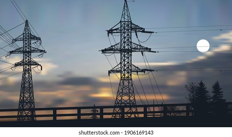 illustration with power line at dark sunset sky