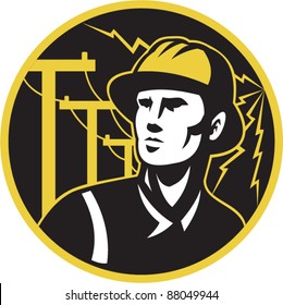 Illustration Of A Power Lineman Electrician Repairman Worker Looking Up With Electric Utility Pole Post And Lightning Bolt In The Background Set Inside A Circle.