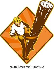 illustration of a power lineman electrician repairman worker at work climbing electric utility pole set inside diamond on isolated background viewed from a high angle