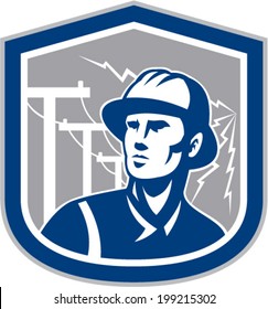 Illustration of a power lineman telephone repairman worker looking to side set inside shield crest with electric lightning post in the background done in retro style.